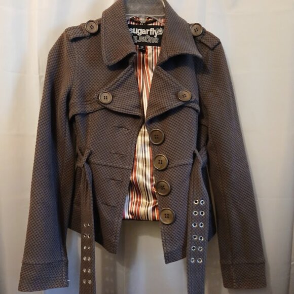 SUGAR FLY Peacoat womens XS Brown softshell woven Seersucker look Sexy Coat! - Picture 11 of 13